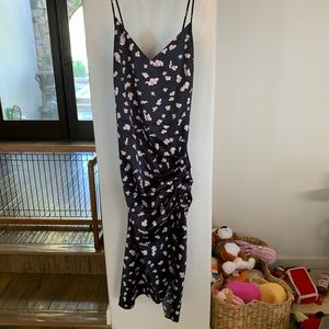 Leith NWT satin polyester navy print mid-length sundress w side ruching